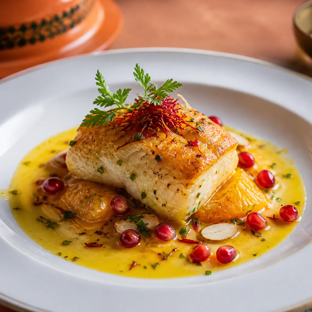 Plat marocain et méditerranéen dressé à l’assiette
